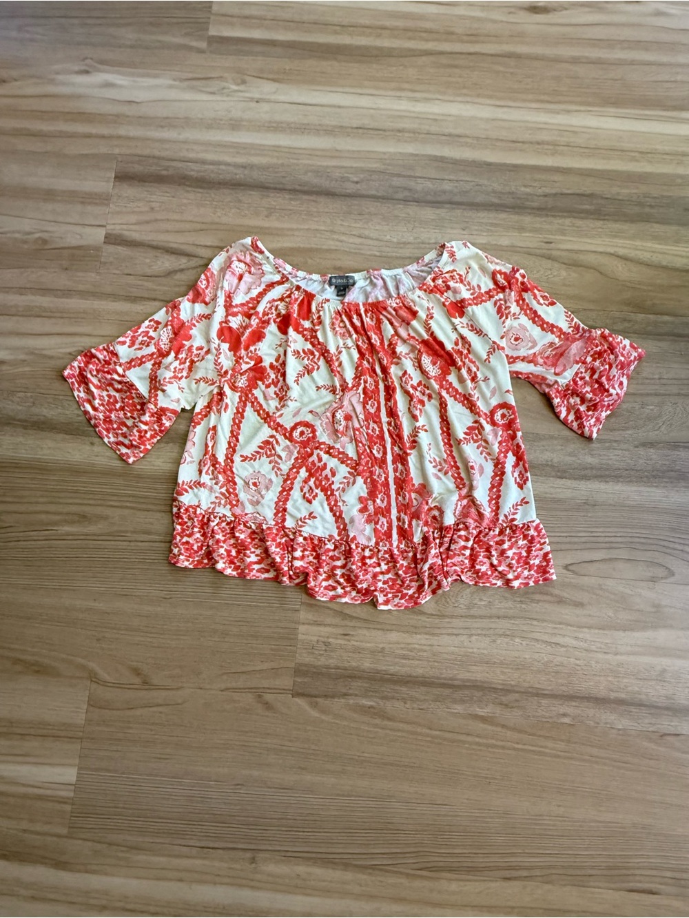 Style & Co. Women’s Cream and Coral Floral Printed Top Ruffled